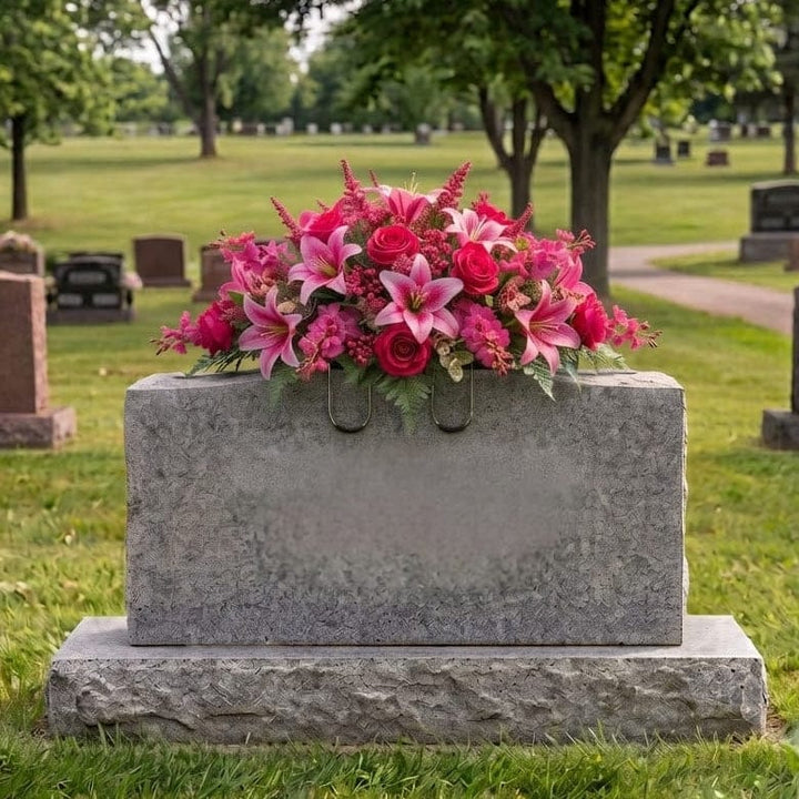 Tombstone Saddle: Lilies & Roses (Hot Pink) - artificial memorial flowers on a headstone