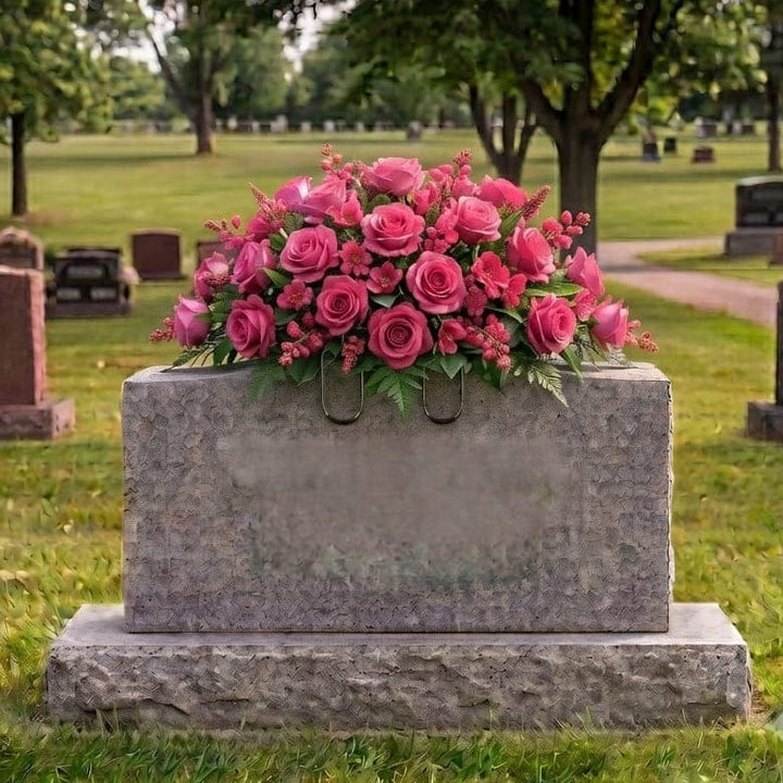 Tombstone Saddle: Roses (Pink) - artificial memorial flowers on a headstone