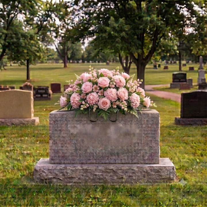 Tombstone Saddle: Roses & Hydrangeas (Pink) on a headstone