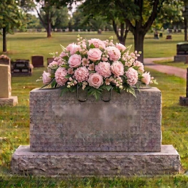 Tombstone Saddle: Roses & Hydrangeas (Pink) - artificial memorial flowers on a headstone