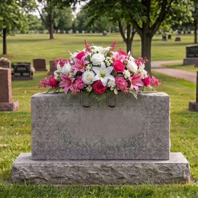 Tombstone Saddle: Lilies & Roses (Hot Pink & White) - artificial memorial flowers on a headstone