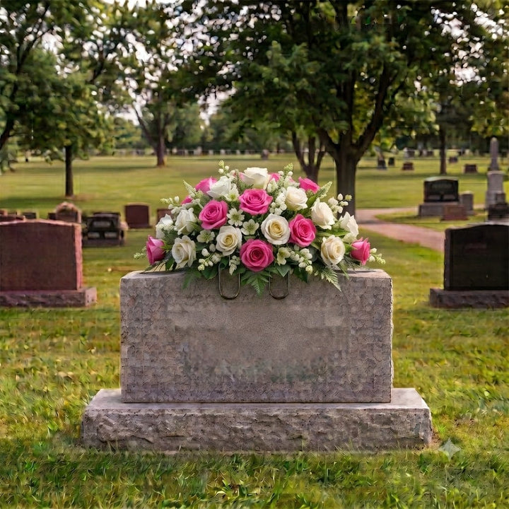 Tombstone Saddle: Roses (Pink & White) on a headstone