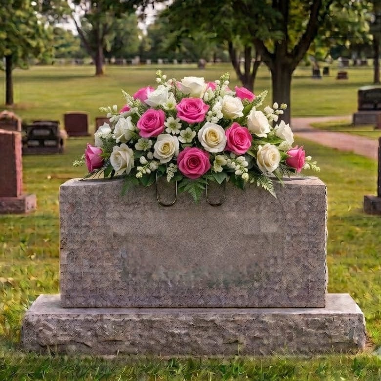Tombstone Saddle: Roses (Pink & White) - artificial memorial flowers on a headstone