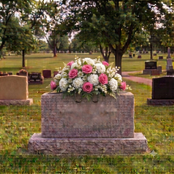Tombstone Saddle: Hydrangeas & Roses (Pink & White) on a headstone