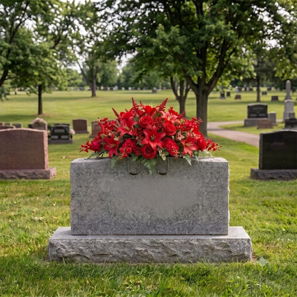 Tombstone Saddle: Lilies & Roses (Red) on a headstone