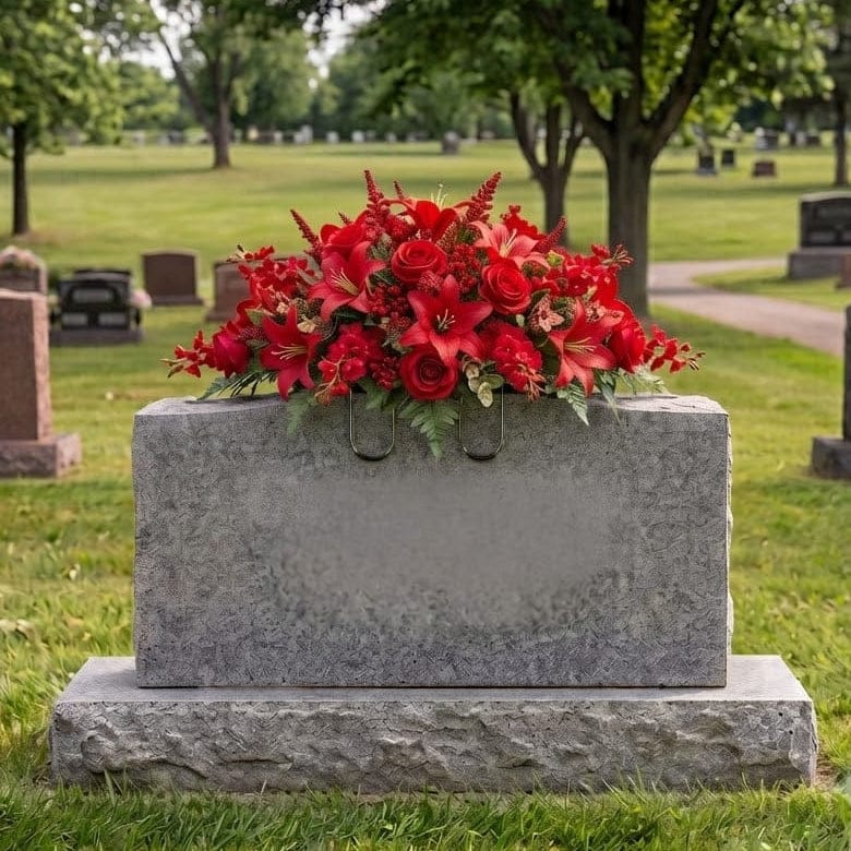 Tombstone Saddle: Lilies & Roses (Red) - artificial memorial flowers on a headstone