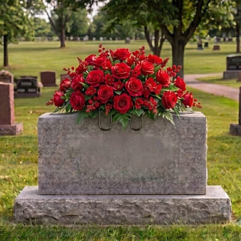 Tombstone Saddle: Roses (Red) - artificial memorial flowers on a headstone
