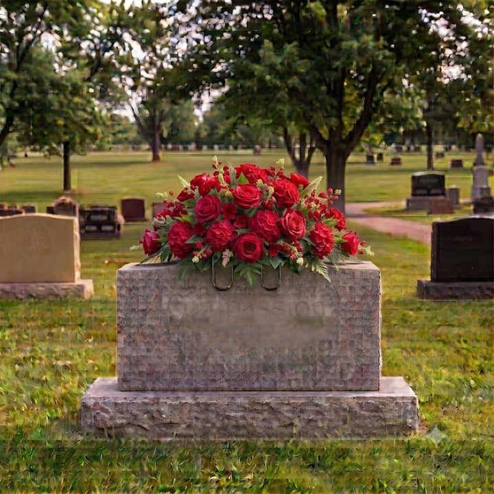 Tombstone Saddle: Roses & Hydrangeas (Red) on a headstone