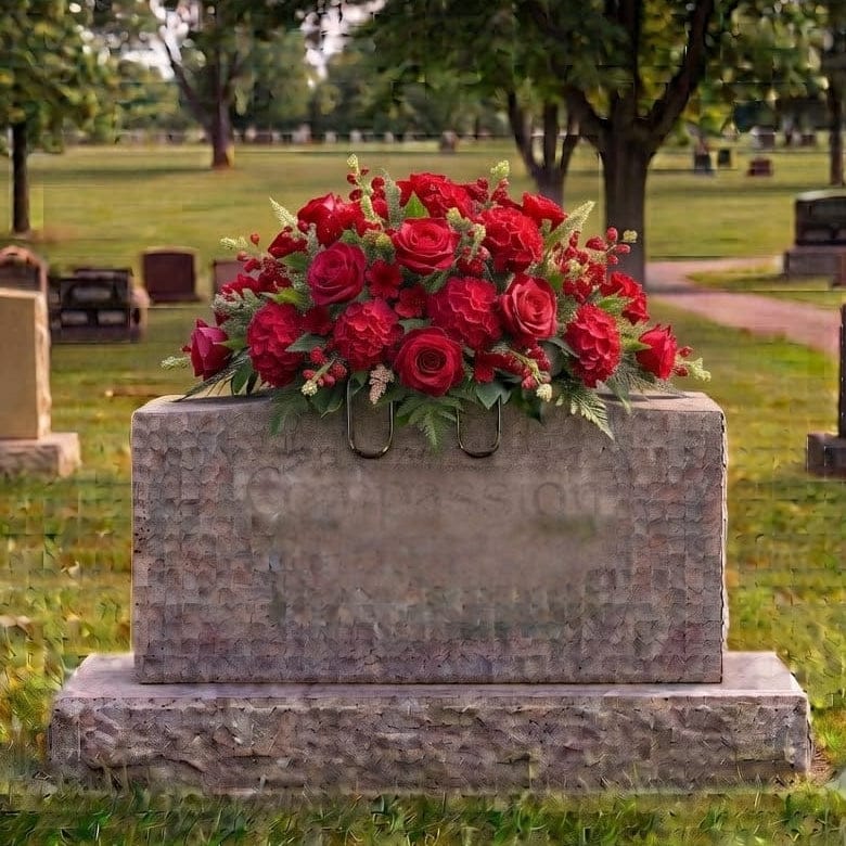 Tombstone Saddle: Roses & Hydrangeas (Red) - artificial memorial flowers on a headstone