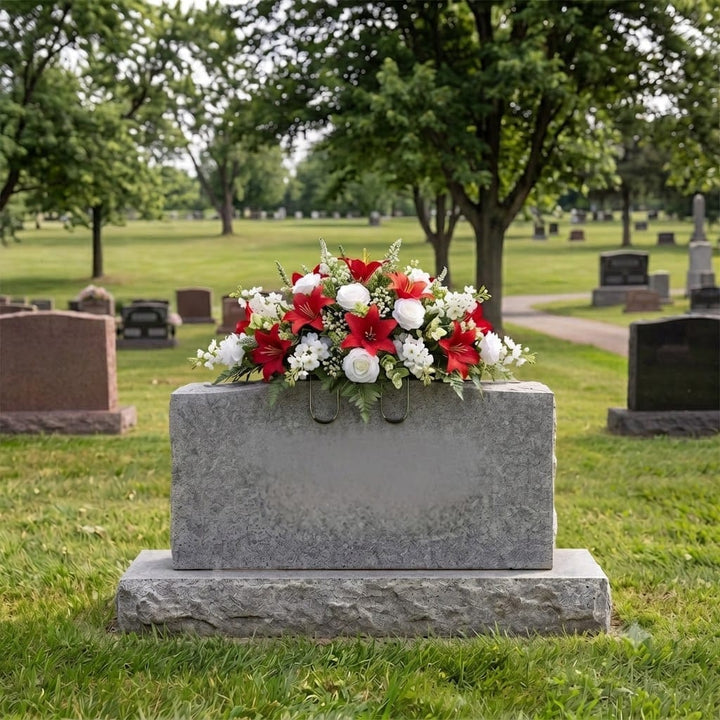 Tombstone Saddle: Lilies & Roses (Red & White) on a headstone