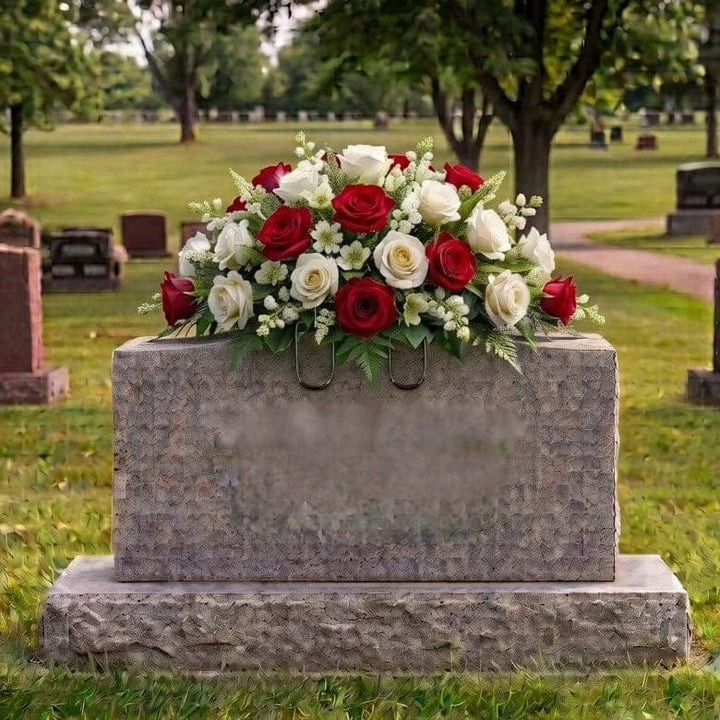 Tombstone Saddle: Roses (Red & White) - artificial memorial flowers on a headstone