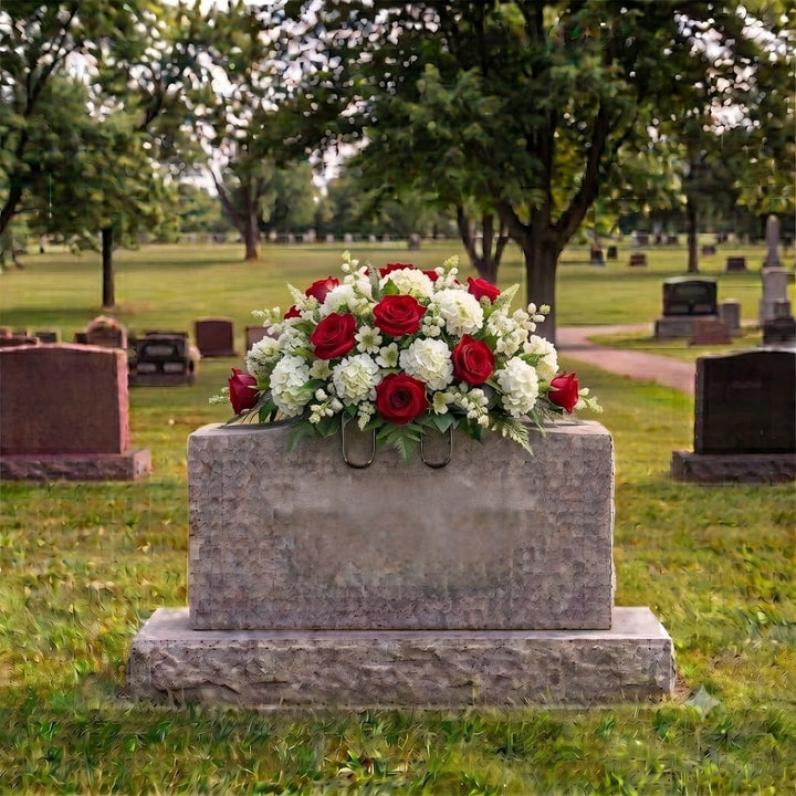 Tombstone Saddle: Roses & Hydrangeas (Red & White) on a headstone