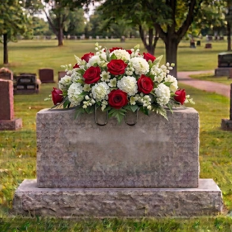 Tombstone Saddle: Roses & Hydrangeas (Red & White) - artificial memorial flowers on a headstone