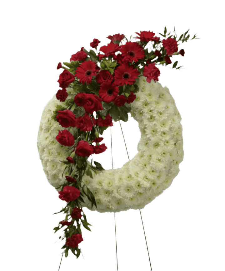 Wreath Daisies, Roses, Carnations, Gerbers (Red & White)