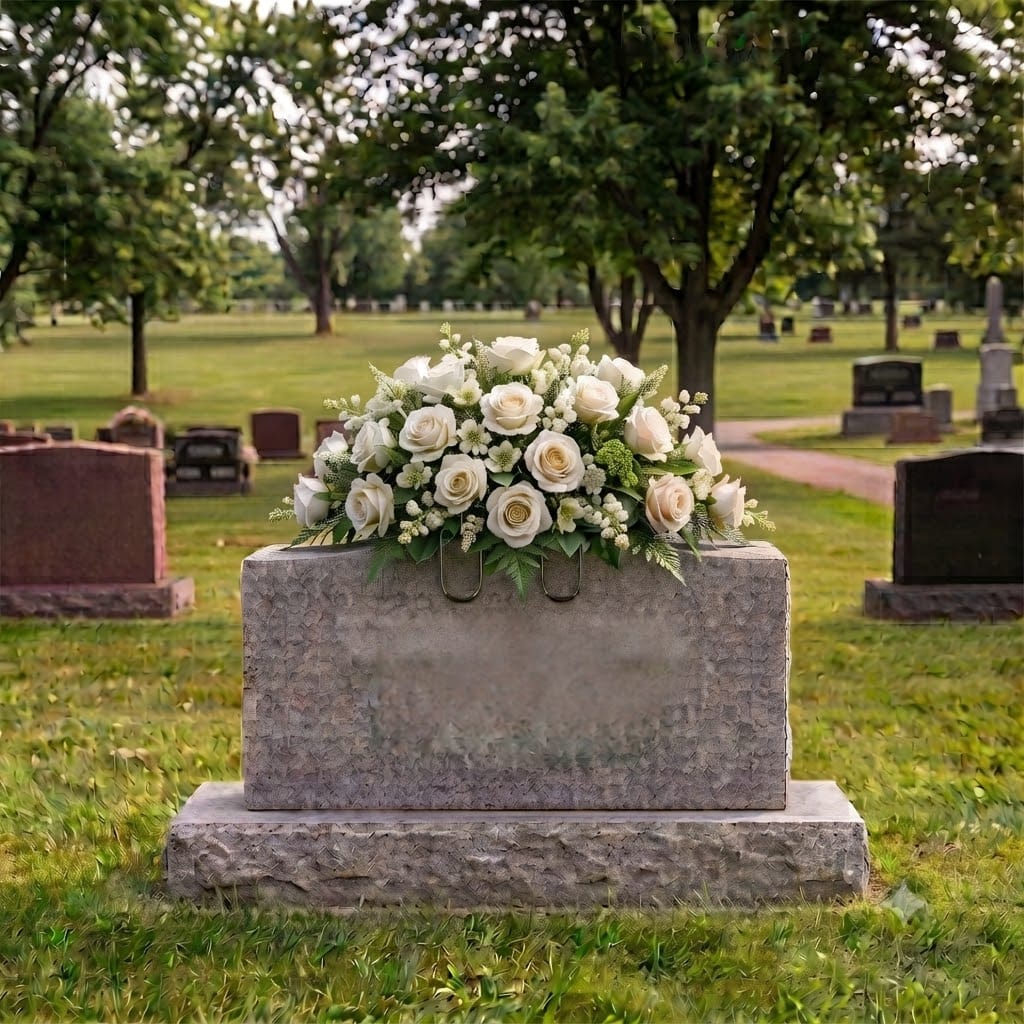 Tombstone Saddle: Roses (White & Cream) on a headstone