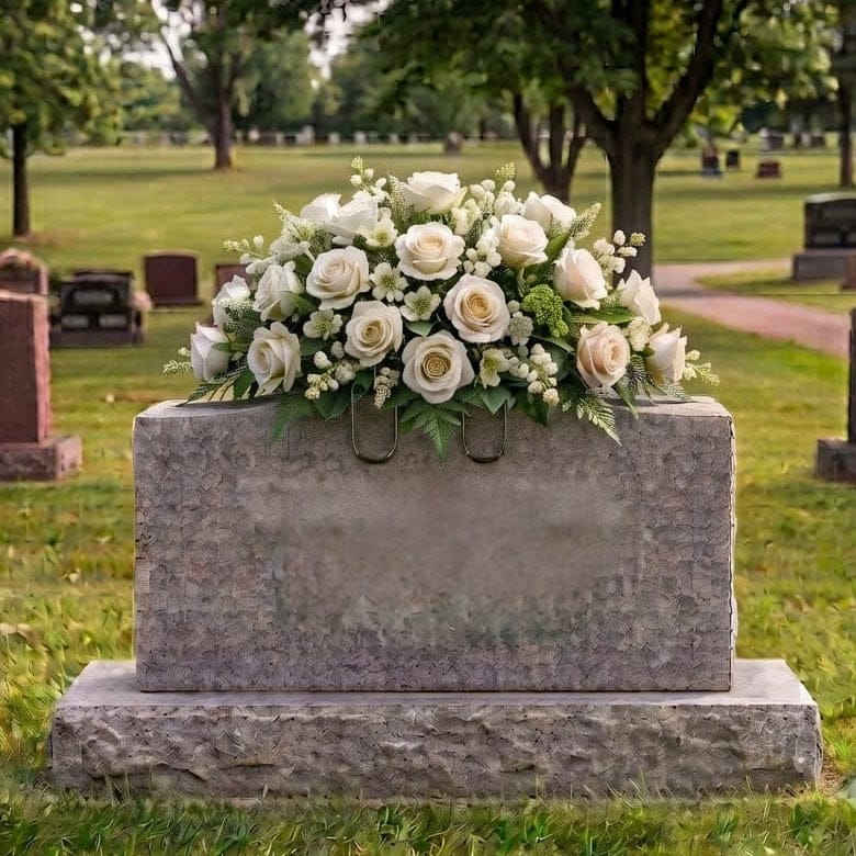 Tombstone Saddle: Roses (White & Cream) - artificial memorial flowers on a headstone