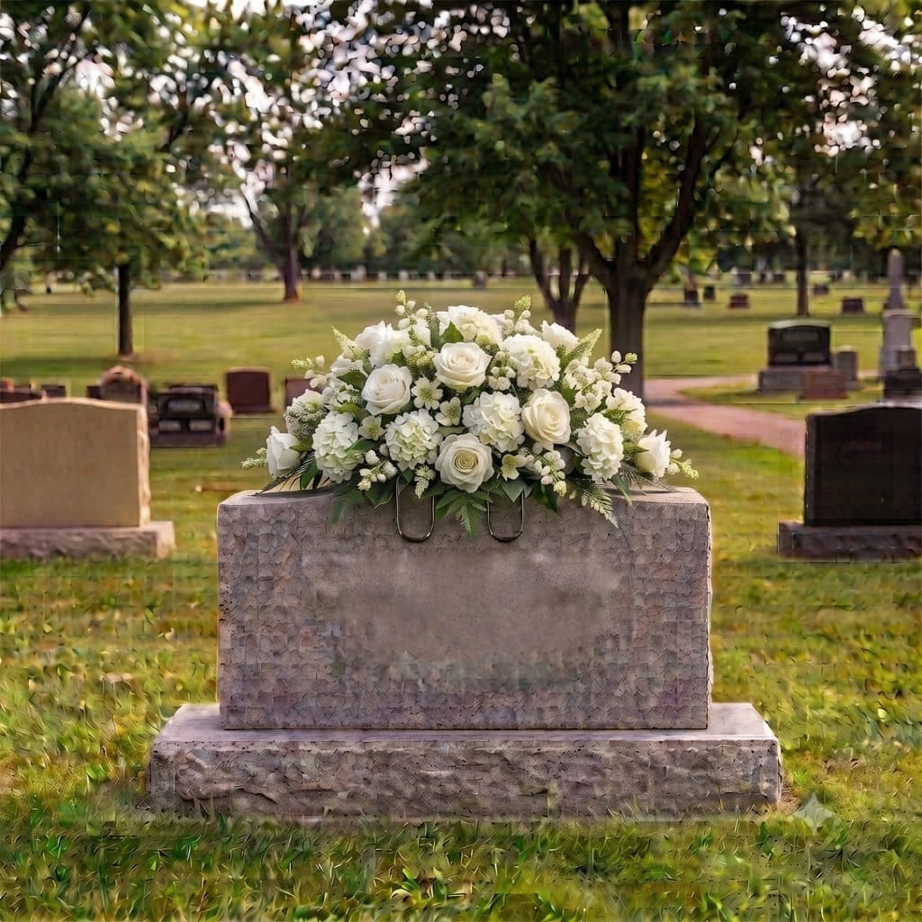 Tombstone Saddle: Roses & Hydrangeas (White) on a headstone