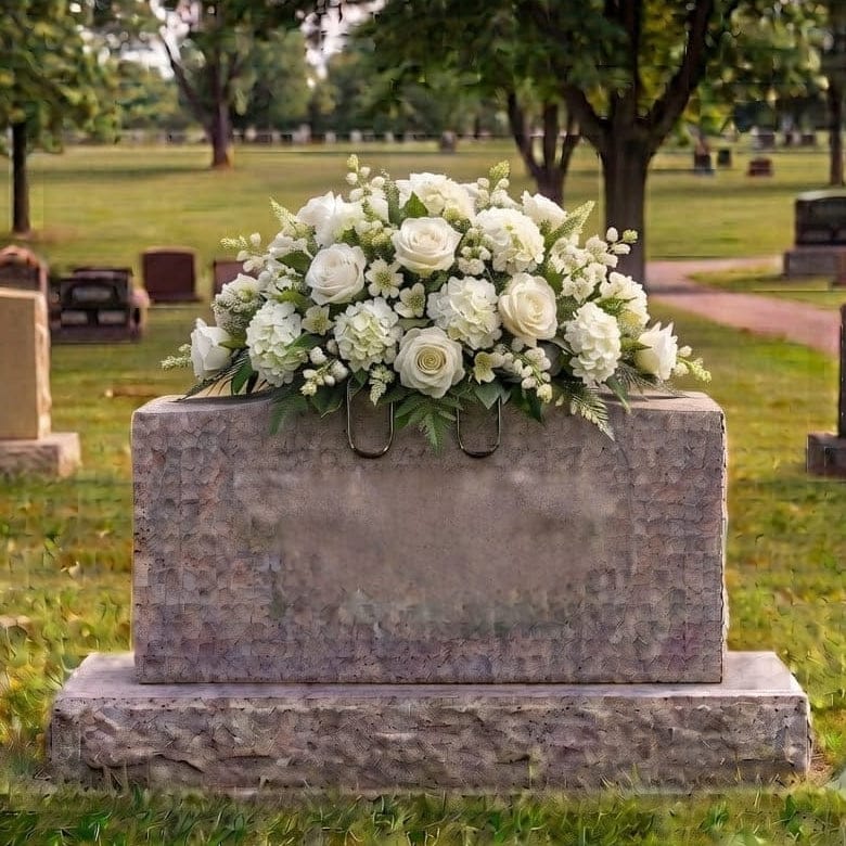 Tombstone Saddle: Roses & Hydrangeas (White) - artificial memorial flowers on a headstone