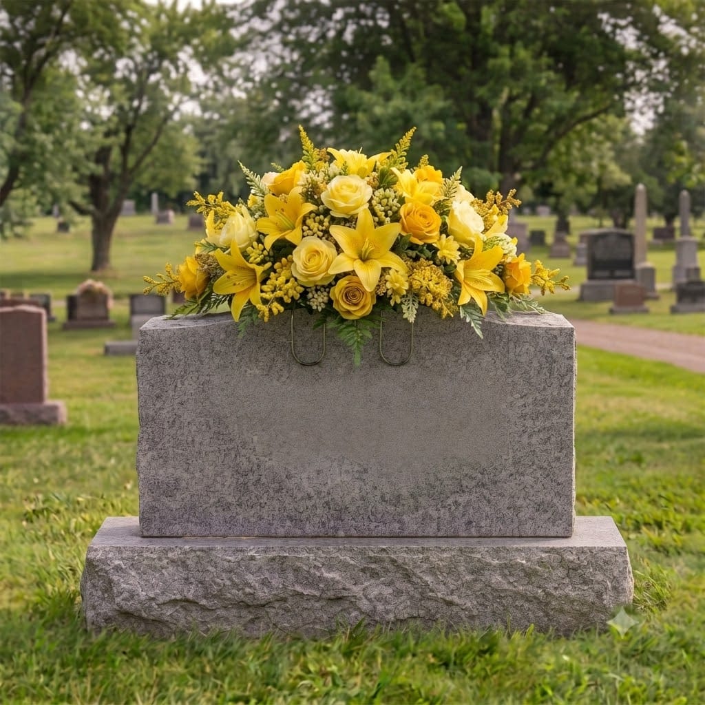 Tombstone Saddle: Lilies & Roses (Yellow) on a headstone