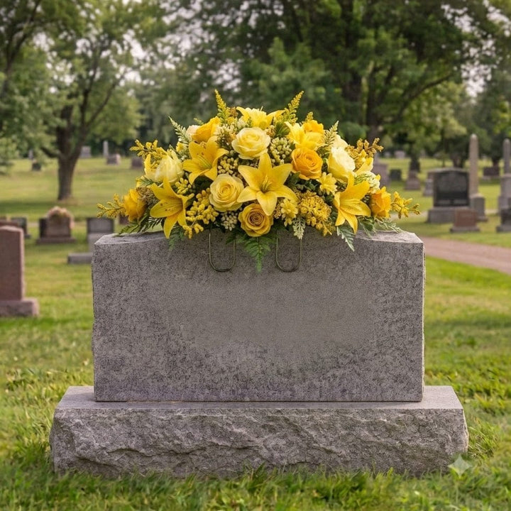 Tombstone Saddle: Lilies & Roses (Yellow) - artificial memorial flowers on a headstone
