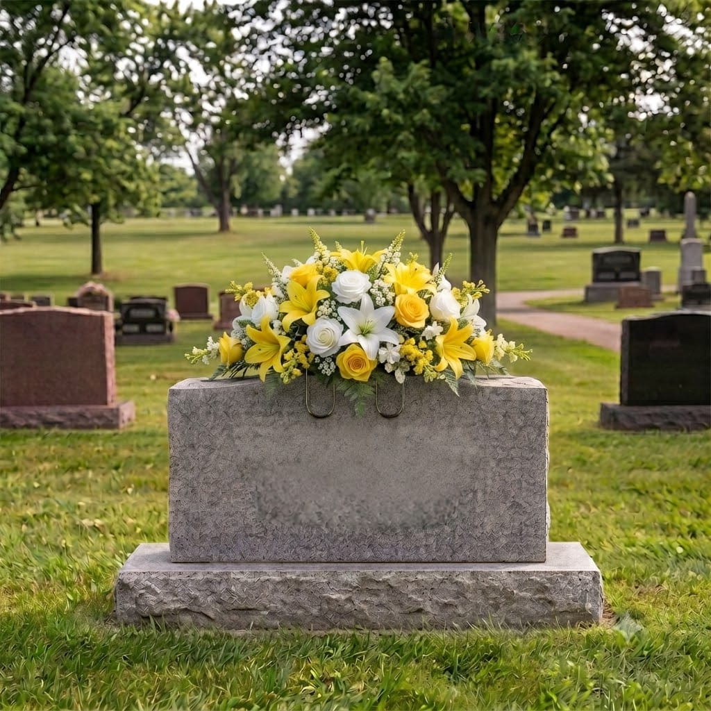 Tombstone Saddle: Lilies & Roses (Yellow & White) on a headstone
