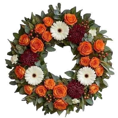 Fall door wreath with orange roses, white gerberas and burgundy chrysanthemums on a white background