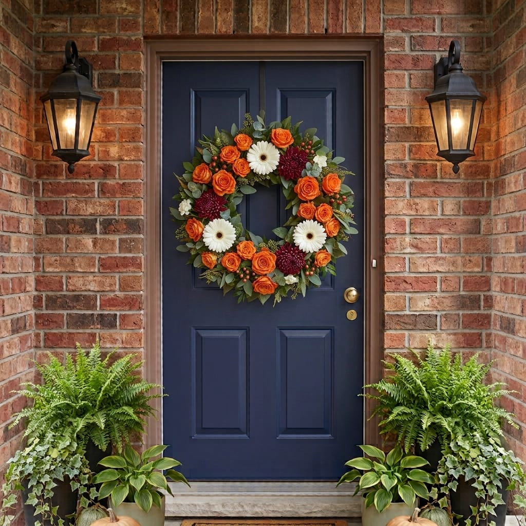 Fall door wreath with orange roses, white gerberas and burgundy chrysanthemums hanging on a front door