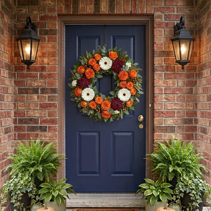 Fall door wreath with orange roses, white gerberas and burgundy chrysanthemums hanging on a front door
