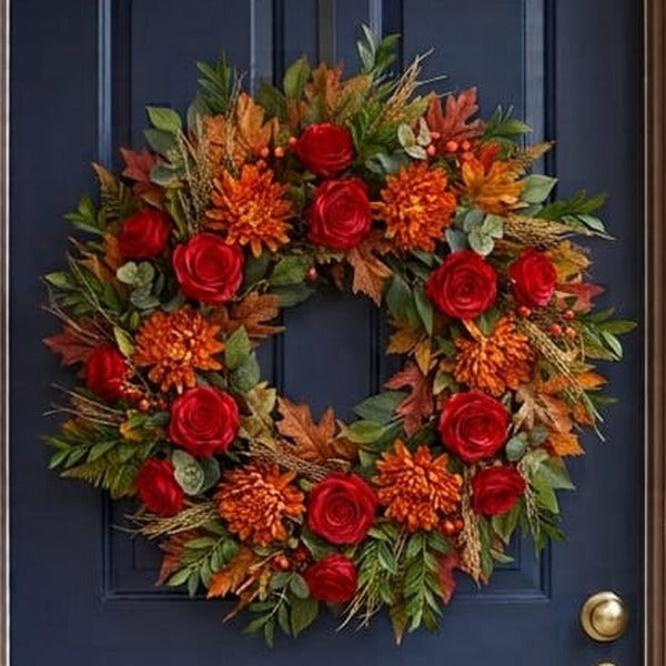 Fall door wreath with red roses and orange chrysanthemums, close-up on a navy front door