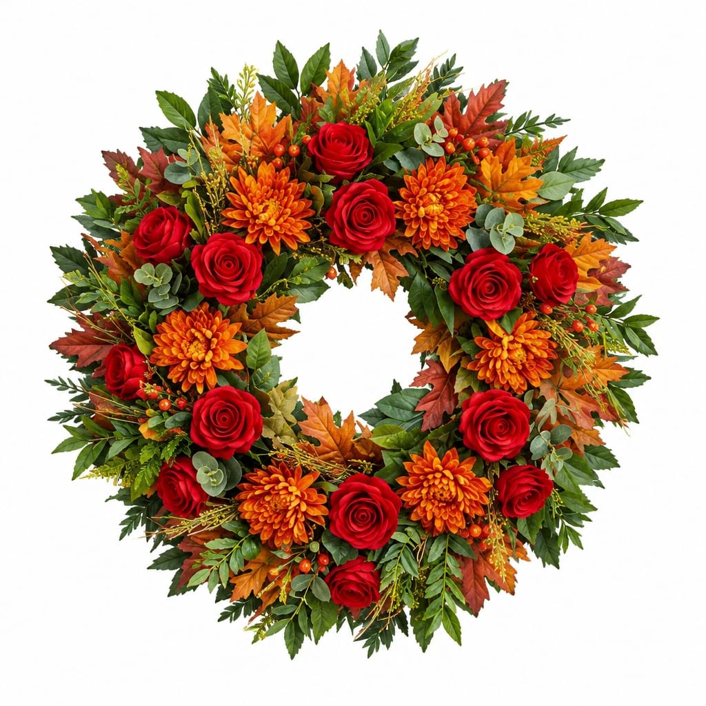 Fall door wreath with red roses and orange chrysanthemums on a white background