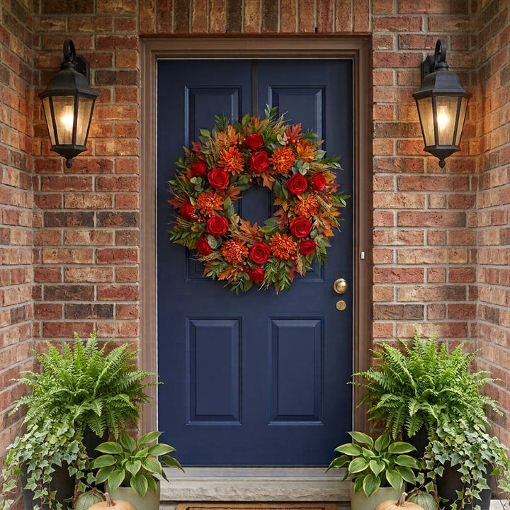 Fall door wreath with red roses and orange chrysanthemums hanging on a navy front door