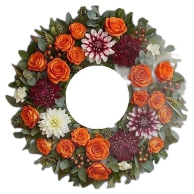 Fall door wreath with orange roses, white and burgundy dahlias and chrysanthemums on a white background