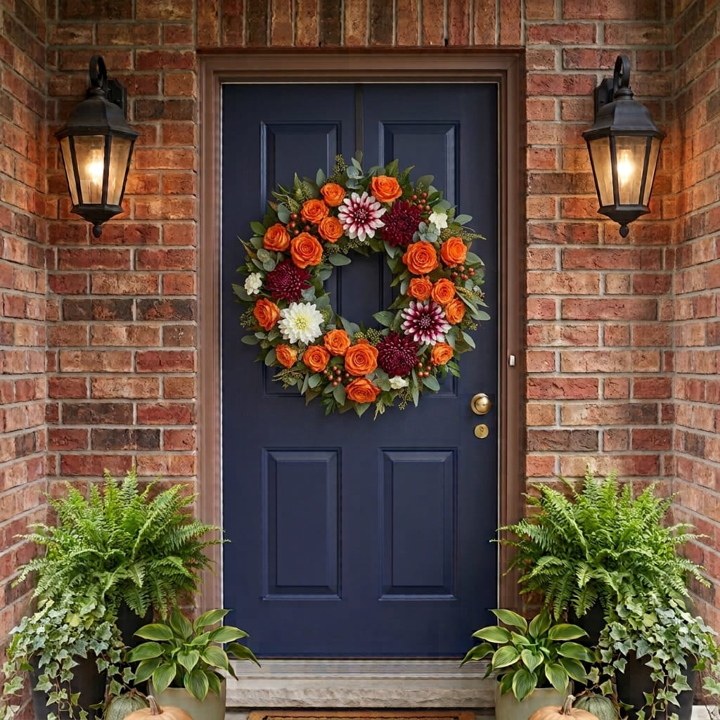Fall door wreath with orange roses, white and burgundy dahlias and chrysanthemums hanging on a front door