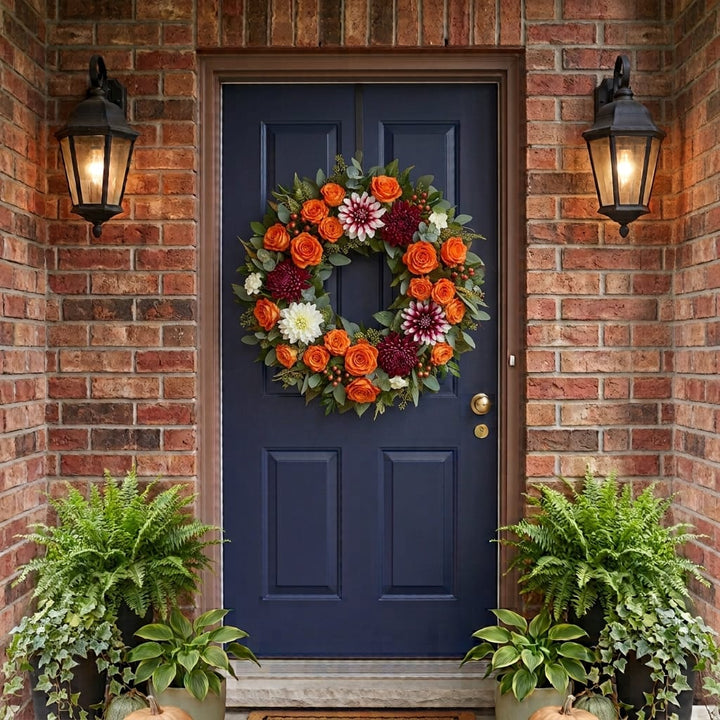Fall door wreath with orange roses, white and burgundy dahlias and chrysanthemums hanging on a front door