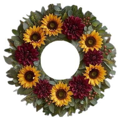 Fall door wreath with golden sunflowers and burgundy dahlias on a white background