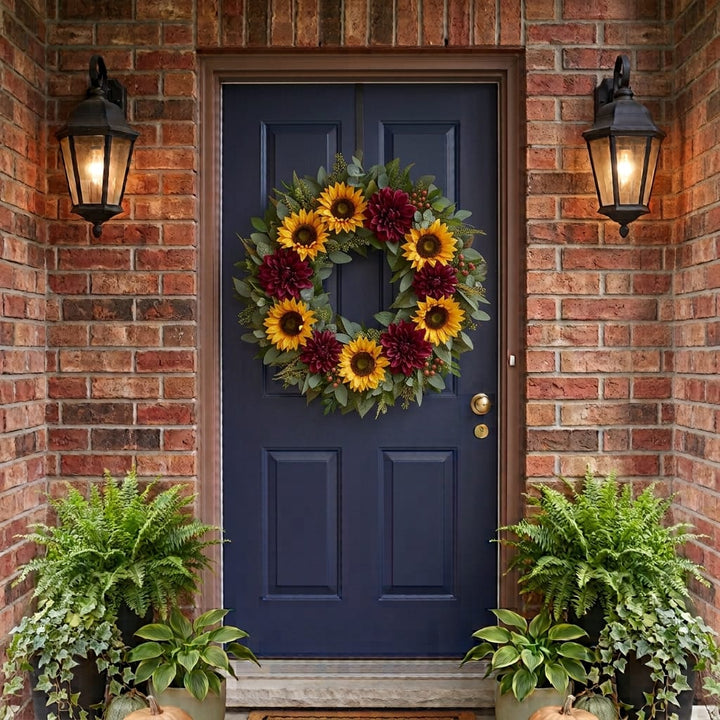Fall door wreath with golden sunflowers and burgundy dahlias hanging on a front door