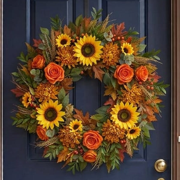 Fall door wreath with sunflowers, orange roses and golden chrysanthemums, close-up on a navy front door