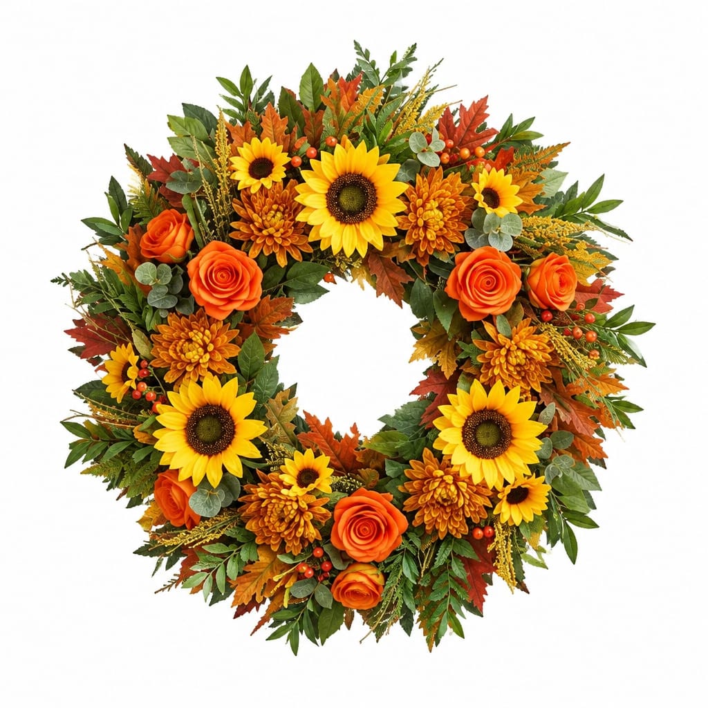 Fall door wreath with sunflowers, orange roses and golden chrysanthemums on a white background