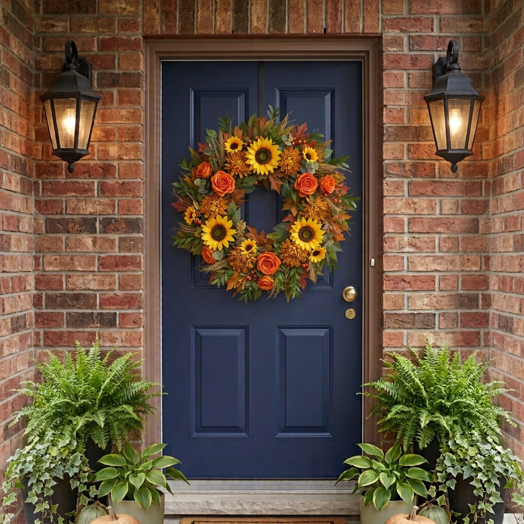 Fall door wreath with sunflowers, orange roses and golden chrysanthemums hanging on a navy front door