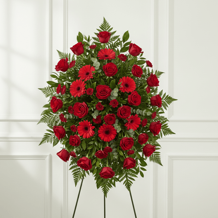 Red roses and gerberas oval standing spray funeral arrangement