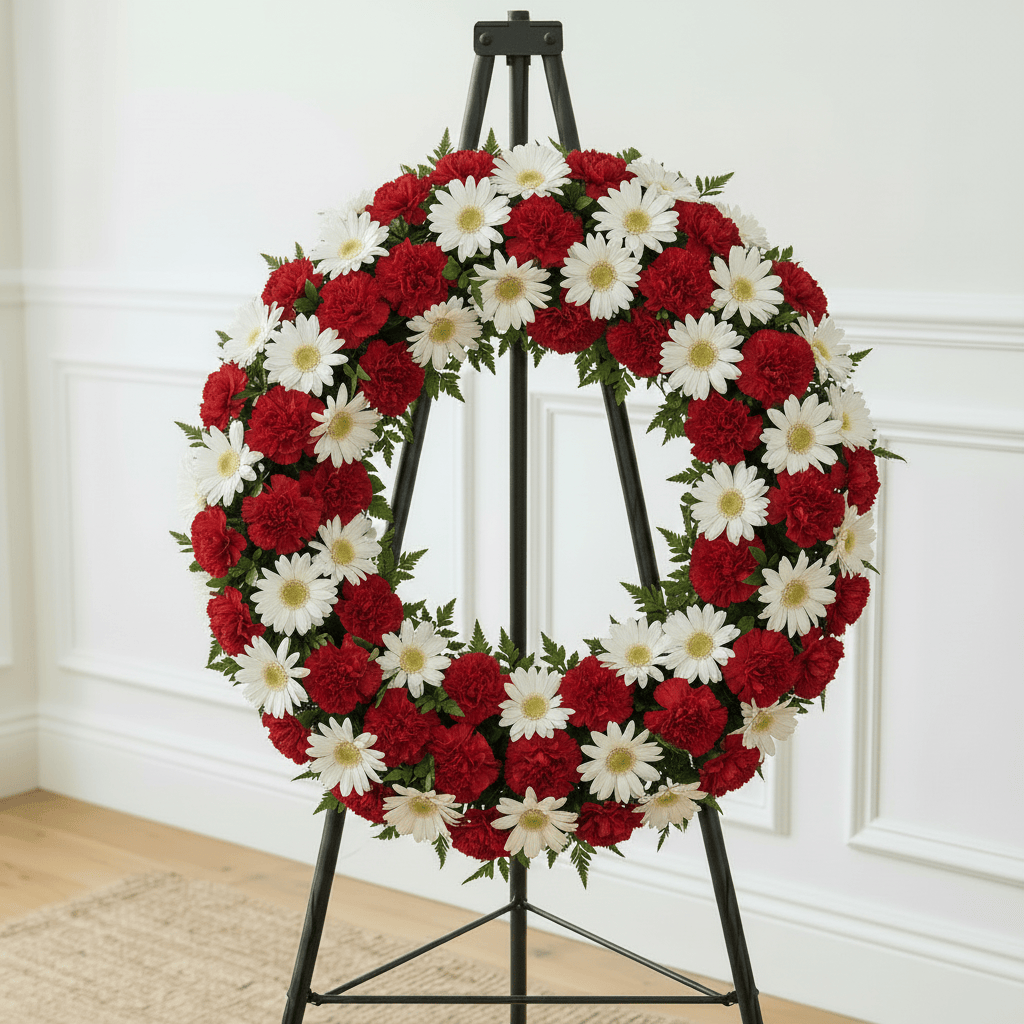 Wreath: Carnations, Daisies & Gerbers (Red & White)