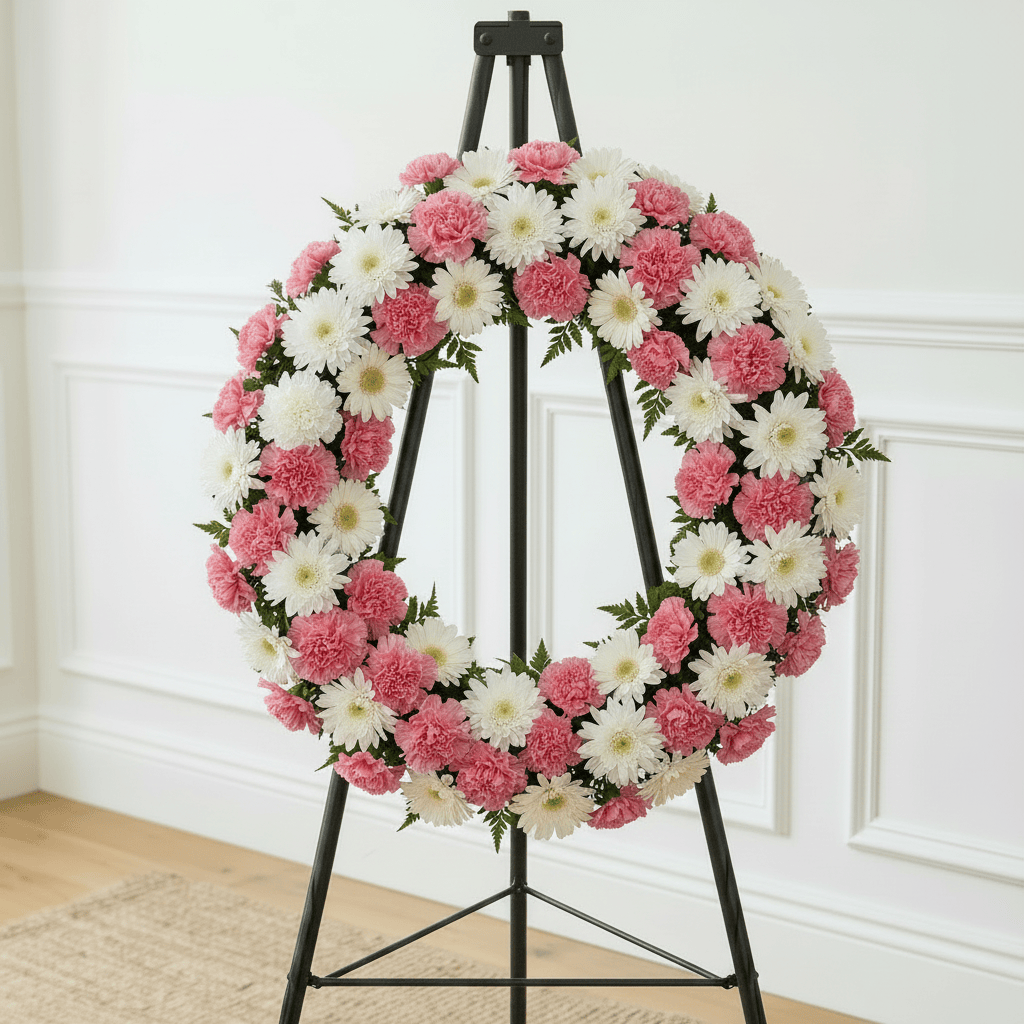 Wreath: Carnations, Daisies & Gerbers (Pink & White)