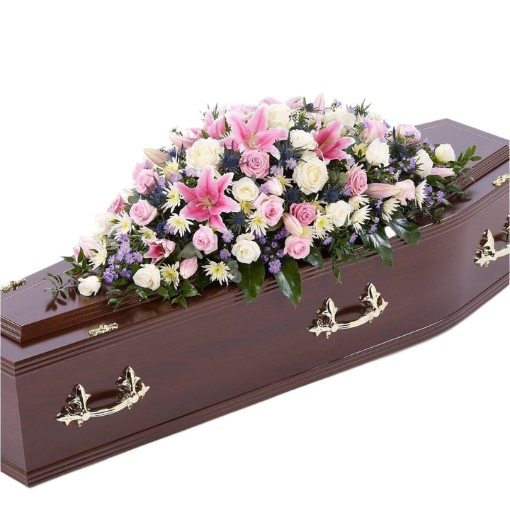 Casket Spray: Lilies, Roses & Chrysanthemums (White. Pink, Purple)