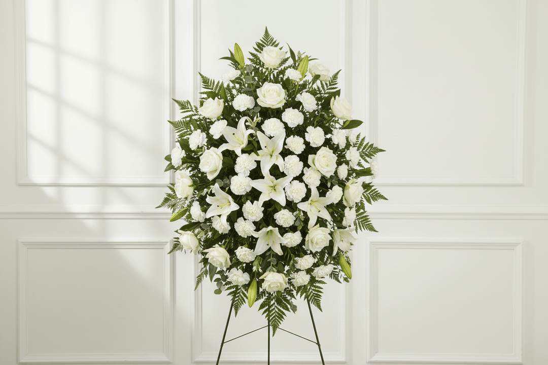 White oval standing spray funeral arrangement