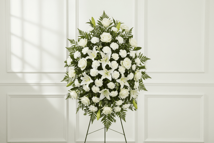White oval standing spray funeral arrangement