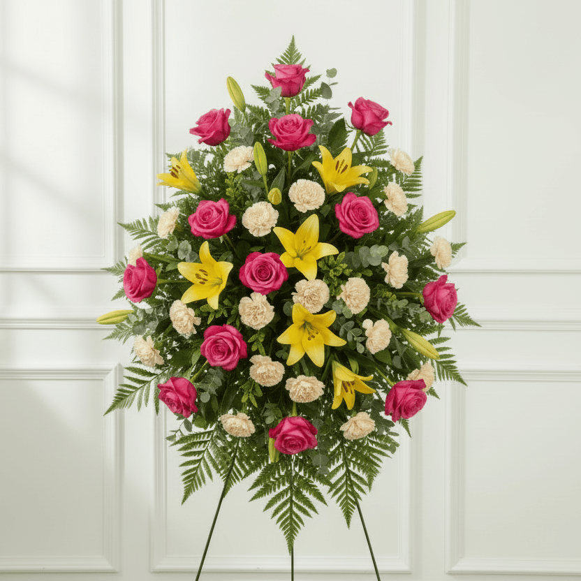 Pink, yellow and cream oval standing spray funeral arrangement