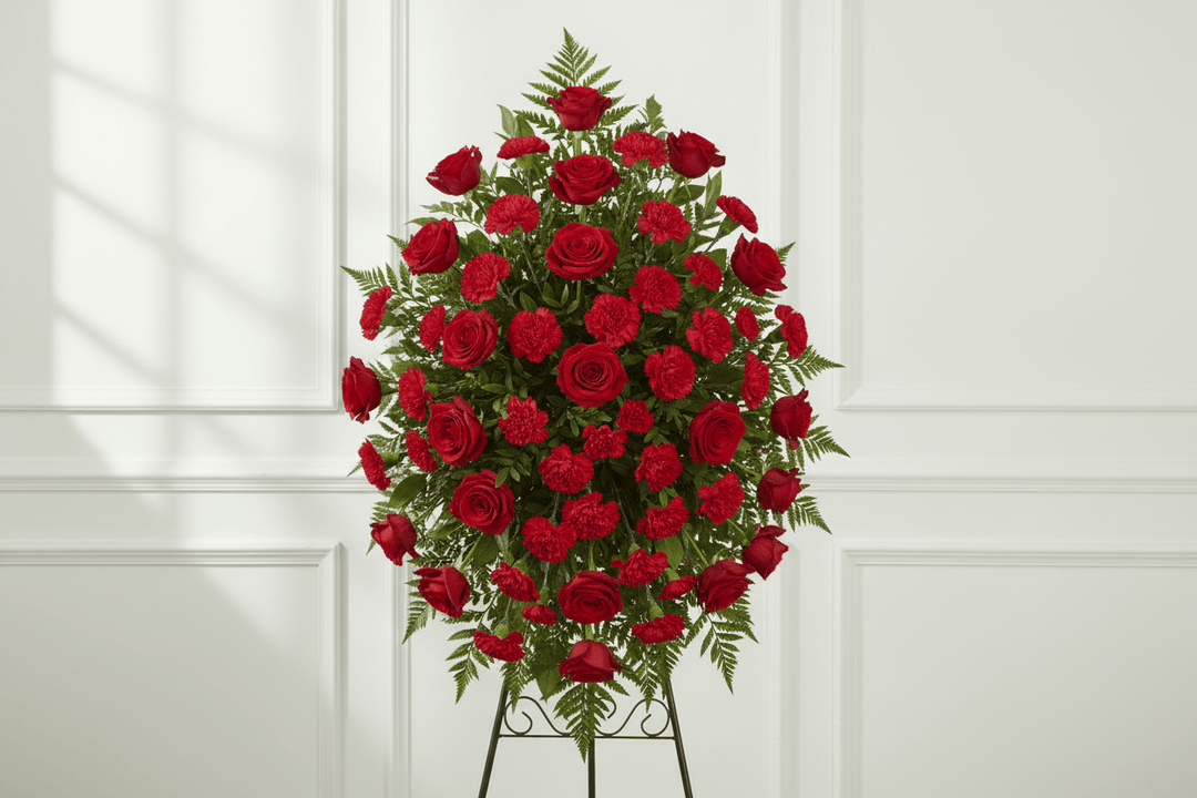 Red oval standing spray funeral arrangement