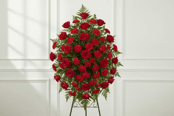 Red oval standing spray funeral arrangement