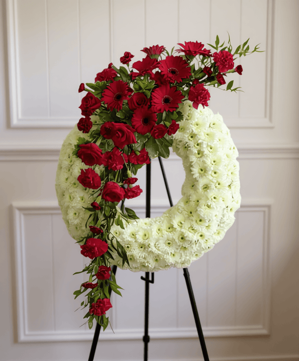 Wreath Daisies, Roses, Carnations, Gerbers (Red & White)
