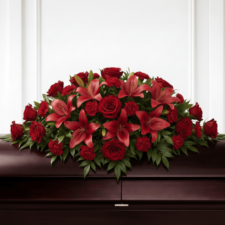 Red Lilies & Roses Casket Spray